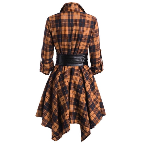 gakvbuo Fall Dresses for Women Checkered Dress for Womens Plus Size Plaid Tie Shirt Dress Long Sleeve Slim Turn-Down Collar Tunic Tops Asymmetrical High Low Irregular Dress