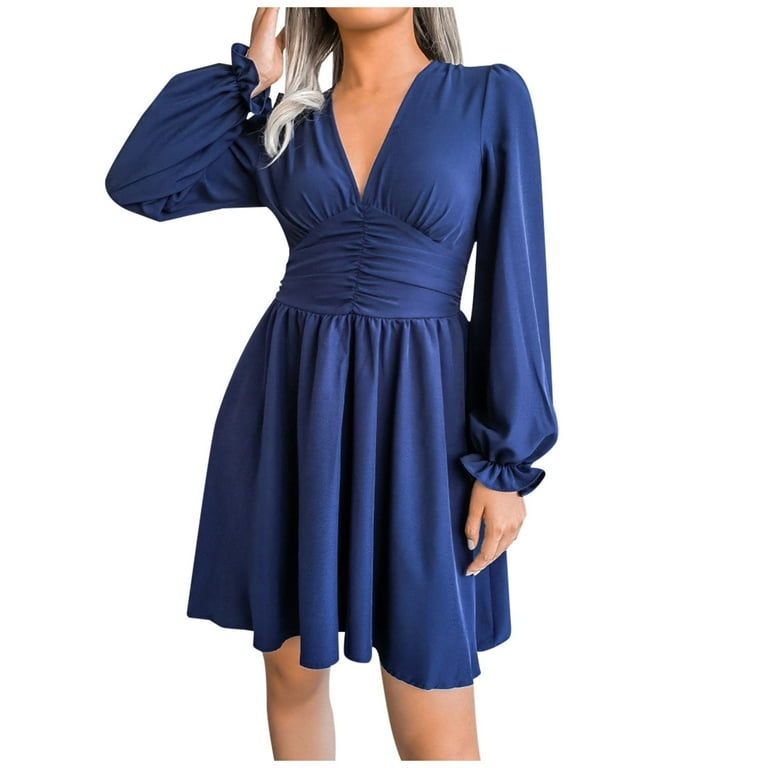 Gakvbuo Gakvov Fall Dresses for Women 2022 Savings Clearance Long Sleeve Dress for Women Wedding Guest Slim Tunic Dreses V Neck Ruffle Knee Length A-