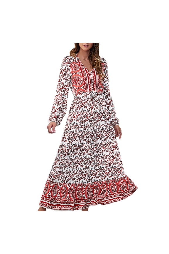 Fall Dresses for Women Long Sleeve Maxi Dress for Women Plus Size Dress Casual Button Down Boho Dress V Neck Floral Print Fall Long Dresses