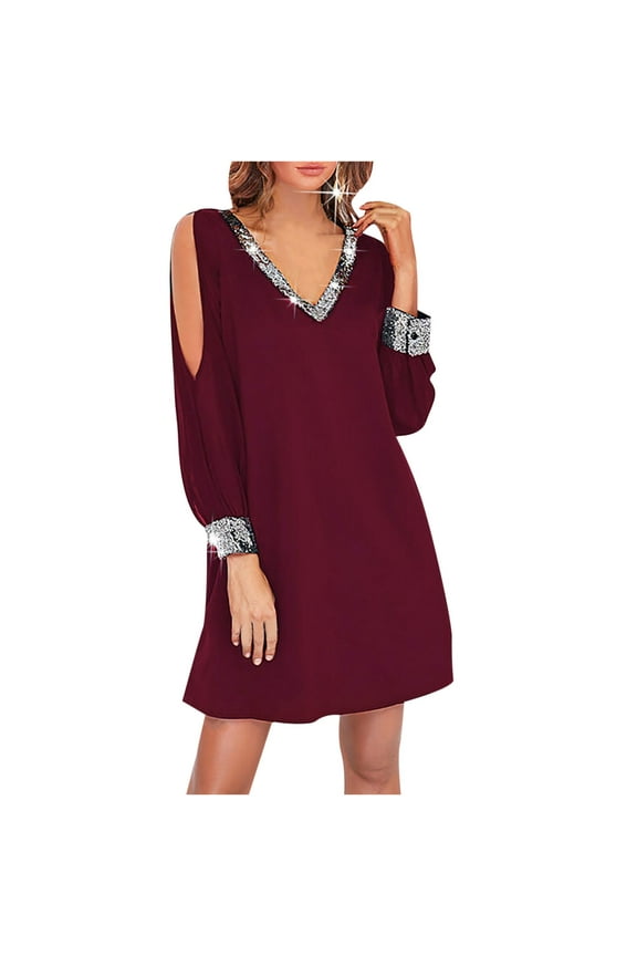 Fall Dresses for Women 2022 Plus Size Dress for Women Wedding Guest V Neck Off Shoulder Long Sleeve Knee Length Casual Mini Dress