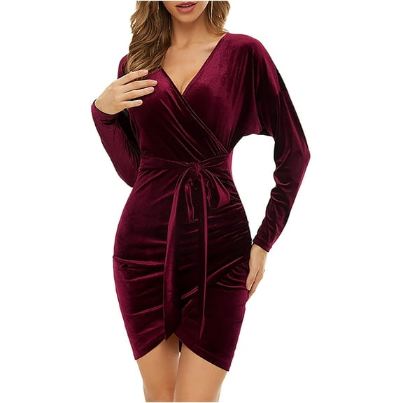 gakvbuo Fall Dresses for Women 2022 Plus Size Wrap Dresses for Women Wedding Guest Long Sleeve V Neck Slim Fitted Ruched Cocktail Party Short Dress Mini Dress