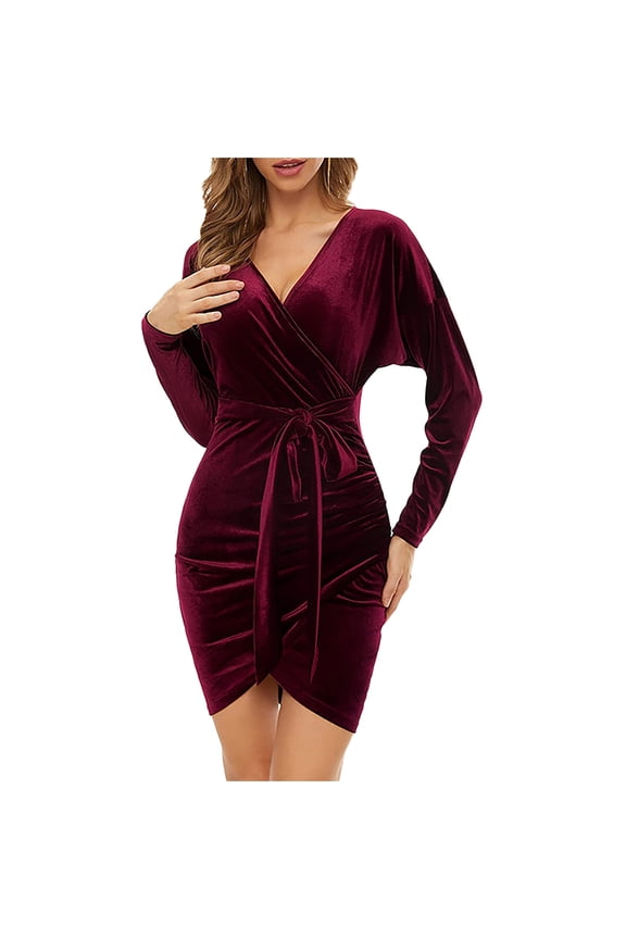 Fall Dresses for Women 2022 Plus Size Wrap Dresses for Women Wedding Guest Long Sleeve V Neck Slim Fitted Ruched Cocktail Party Short Dress Mini Dress