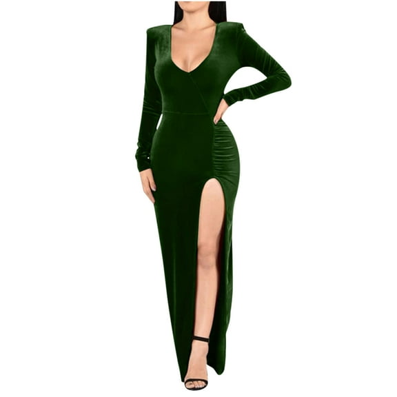 gakvbuo Fall Dresses for Women 2022 Wedding Guest Dresses for Womens Long Sleeve formal Dresses V Neck Cocktail Party Maxi Dress Evening Gown Slit Long Dress