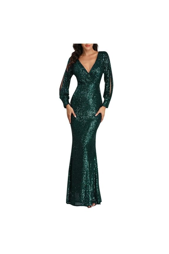 Fall Dresses for Women 2022 Wedding Guest Dresses for Womens Soild Sexy V-Neck Sequins Dress Long Sleeve formal Dresses Party Long Dresses