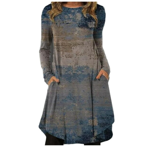 gakvbuo Fall Dresses for Women 2022 Women Sexy Fall Soft O-Neck Long Sleeve formal Flower Irregular Tie-Dye Color Block Printing Fall Maxi Casual Ladies Dress