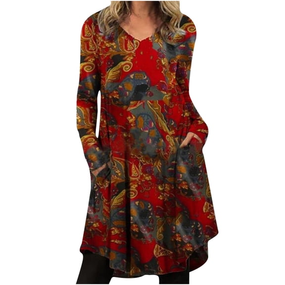 gakvbuo Fall Dresses for Women 2022 Women Sexy Fall Soft O-Neck Long Sleeve formal Flower Irregular Tie-Dye Color Block Printing Fall Maxi Casual Ladies Dress