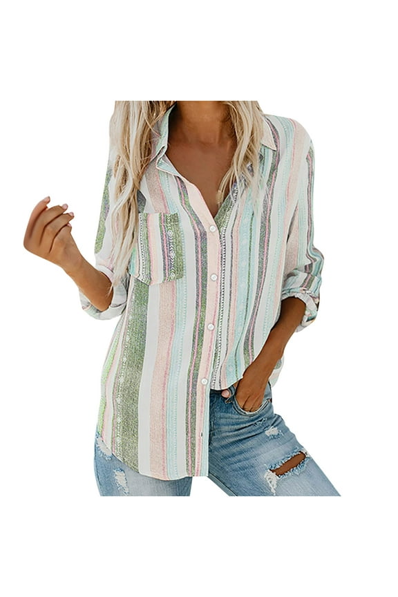 Fall Button Down Shirts for Women Plus Size Tops V Neck Striped Roll Up Sleeve Button Down Blouses Top With Pocket Loose Long Sleeve Shirt Top