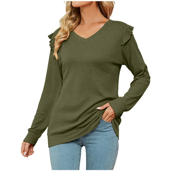 gakvbuo Fall Women Casual Solid Long Sleeve Ruffles Hoodie V-Neck T-Shirt Blouse