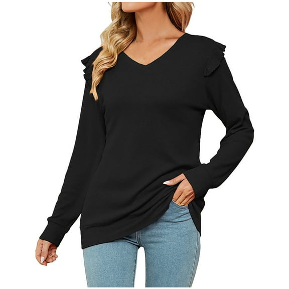 gakvbuo Fall Women Casual Solid Long Sleeve Ruffles Hoodie V-Neck T-Shirt Blouse