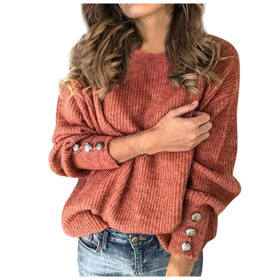 gakvbuo Fall Sweaters for Women Women'S Solid Color Pullover Round Neck Warm Long Sleeve Sweater