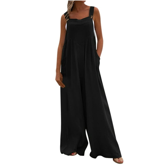 gakvov Jumpsuits For Women Loose Long Boho Bib Pants Plus Size Spaghetti Strap Wide Leg Long Pant Cold Shoulder Solid Color Button Suspender Jumpsuits Baggy Cotton Rompers Overalls With Pockets