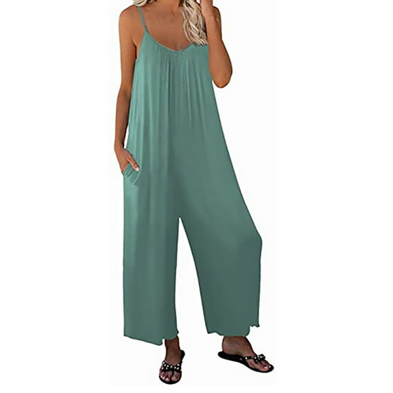 gakvov Jumpsuits For Women Loose Sleeveless Wide Legged Pants Rompers Overalls Adjustable Spaghetti Strap Stretchy Long Pant Romper Jumpsuit With Pockets