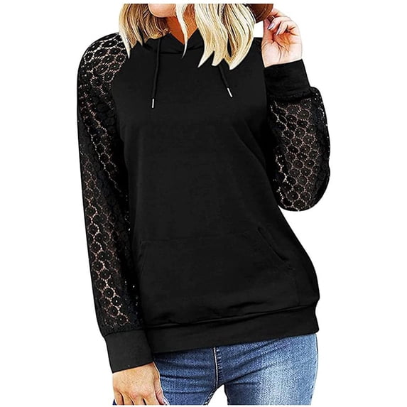 gakvov Long Sleeve Shirts For Women Plus Size Hoodie Splicing Pockets Hooded Sweatshirts Coat Tops Business Casual Loose Lace Blouse Shirts Fall Lace Pull Over Sweatershirt