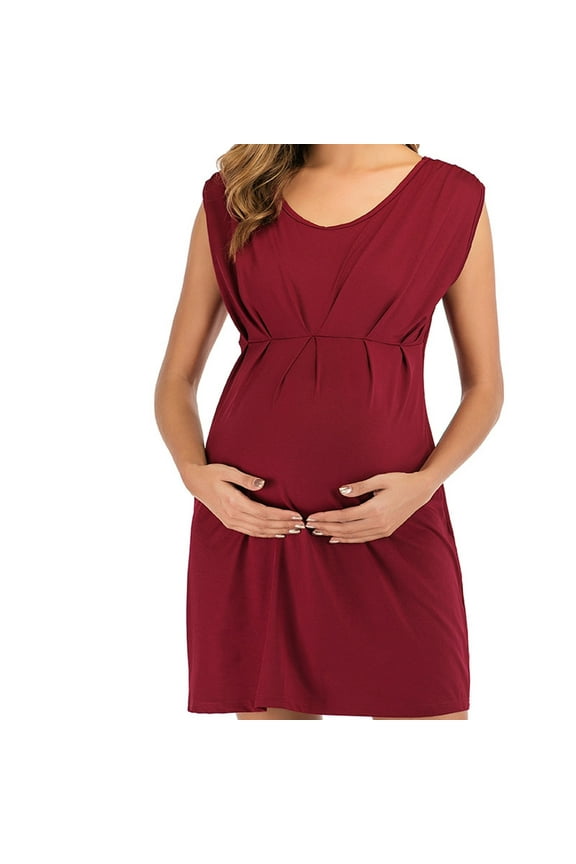 Maternity Dress for Photoshoot Womens Fashion Solid Color Pleated Cotton Round Neck Sleeveless Maternity Clothe Dress