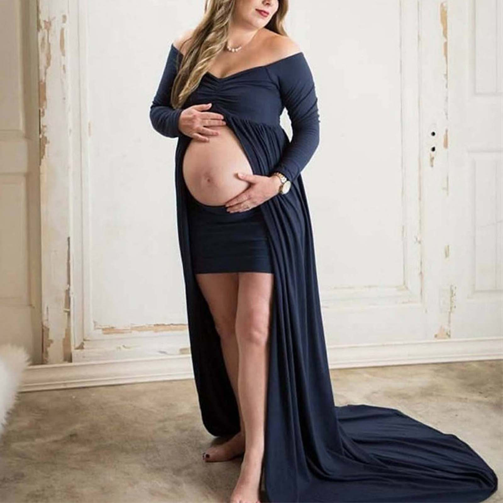 gakvov Maternity Dress For Photoshoot Savings Clearance Items!Womens Maternity Photography Props One-shoulder Solid Color Long-sleeved Dress - image 1 of 3