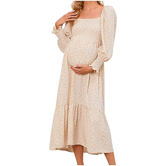gakvbuo Maternity Dress for Photoshoot Women'S Pregnant Casual Sexy Fashion Small Floral Printing Chiffon Square Collar Long Sleeve Long Dress