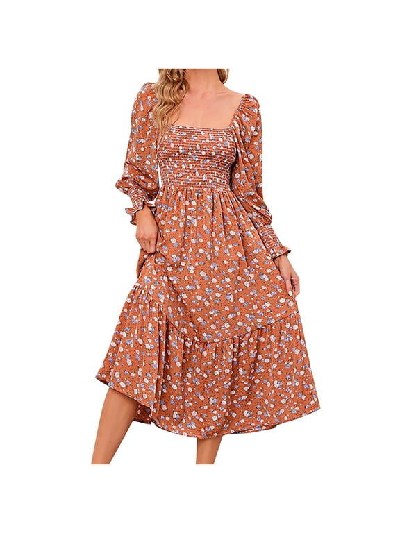 Maternity Dress for Photoshoot Women'S Pregnant Casual Sexy Fashion Small Floral Printing Chiffon Square Collar Long Sleeve Long Dress