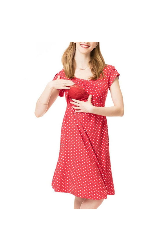 Maternity Dress for Photoshoot Womens Multifunctional Maternity Wear Nursing Clothes Polka Dots Round Neck Short Sleeve Dress