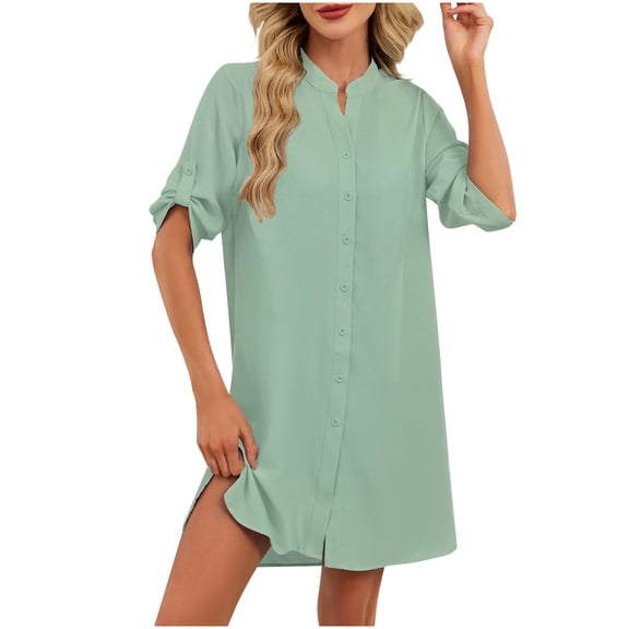 gakvbuo Summer Dress For Women Mini Dress Shirt Dress Dress Women's Casual Lapel Solid Color-Breasted Short Sleeve Shirt Dress Coat