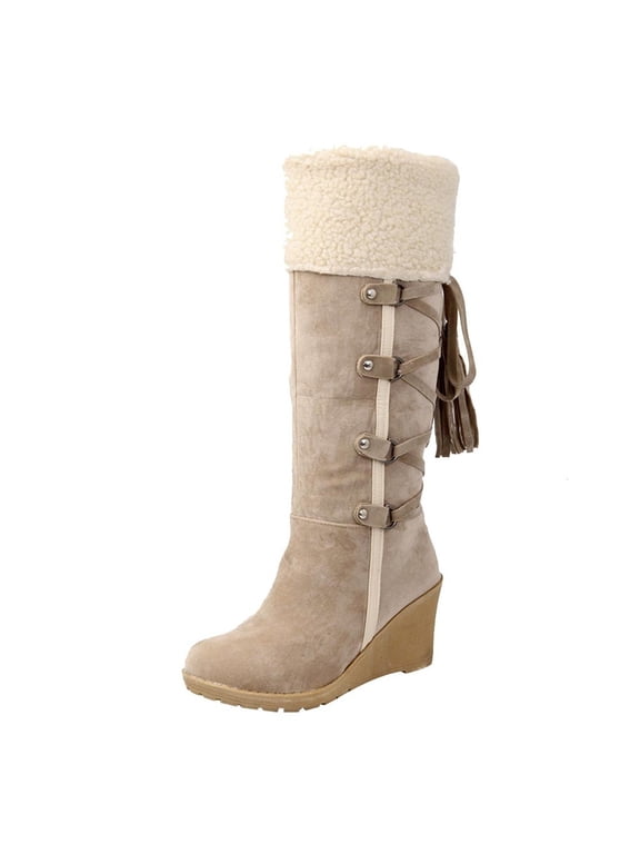 gakvov Mid-Calf Boots For Women Slope Heel Women Boots Lace Up Shoes Casual Flat Wedge Heel Boots Plus Size Zipper Snow Boots