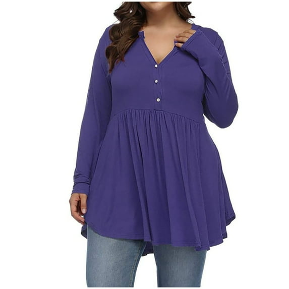 gakvov Plus Size Fall Tops For Women V Neck Button Pleated Blouses Pullover Shirt Solid Color Long Sleeve Top