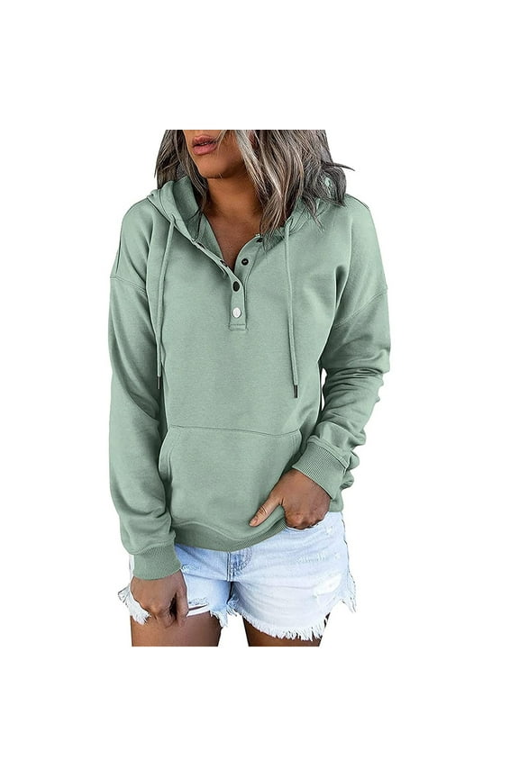 gakvov Plus Size Hooded Sweaters For Women O-Neck Casual Streetwear Long Sleeve Sweatshirts Button Down Tops Drawstring Pullovers Fall Tops With Pocket