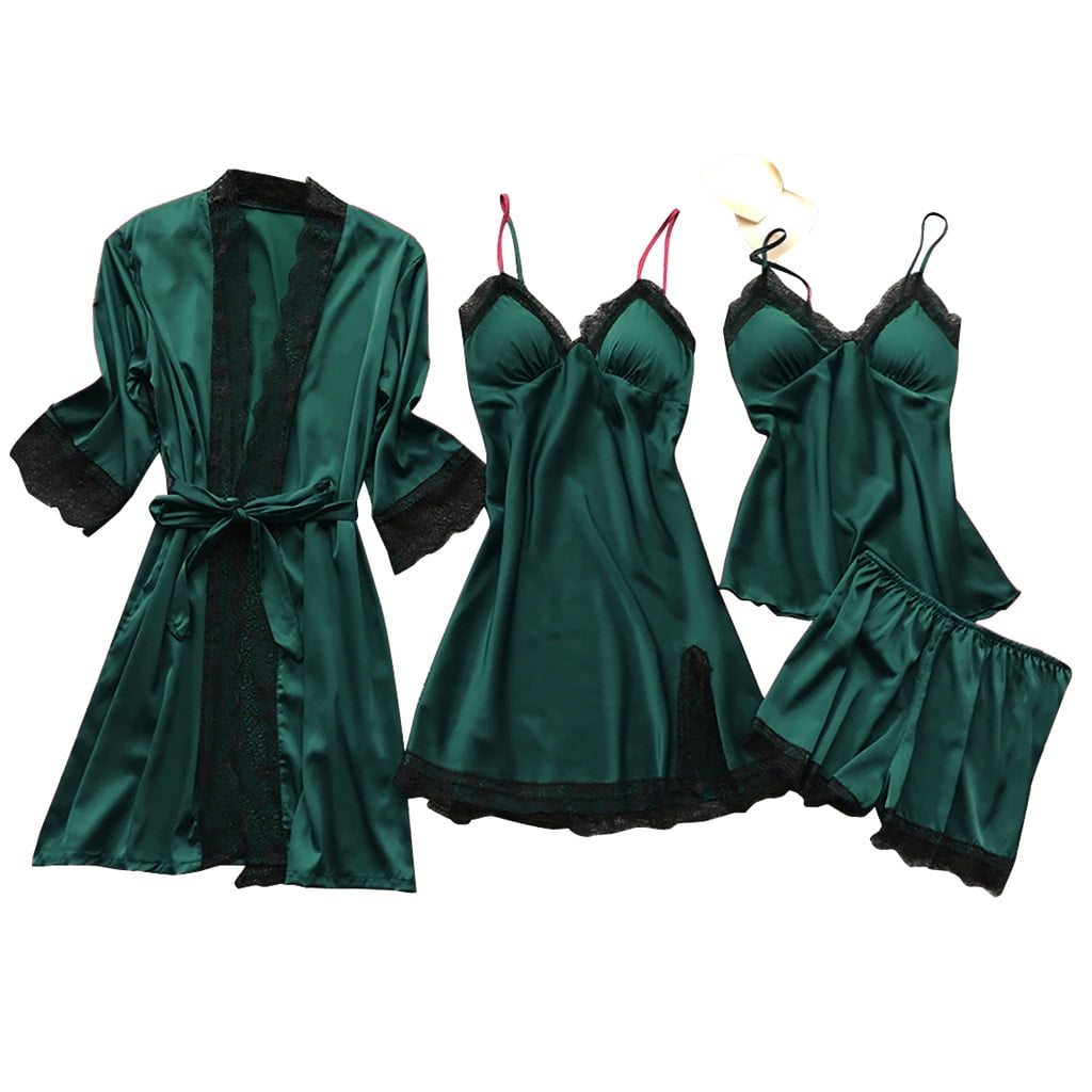 gakvov Plus Size Lingerie For Women'S Silk Satin Pajamas Nightdress 4 Pieces Floral Lace Cami Top Babydoll Sleepwear Set Lingerie Pajama Set With Kimono Cardigan Robe