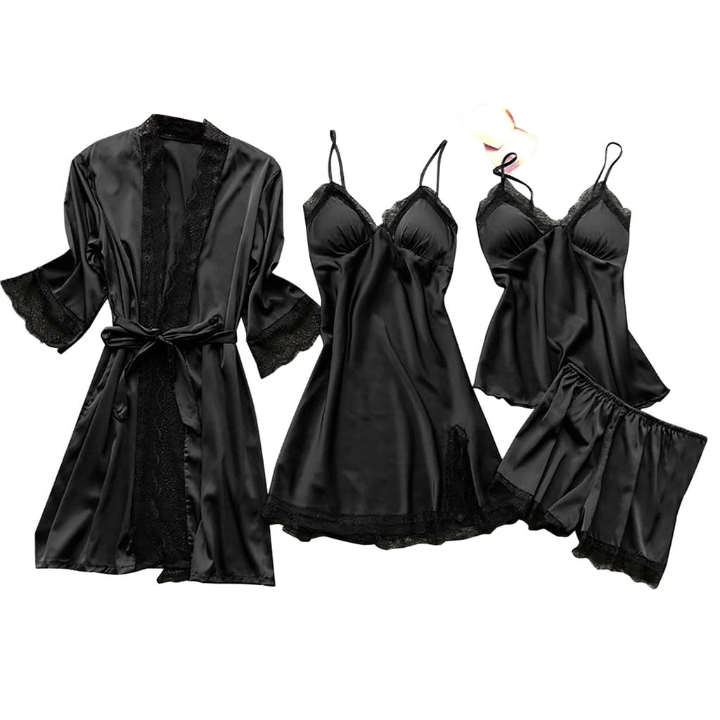 gakvov Plus Size Lingerie For Women'S Silk Satin Pajamas Nightdress 4 Pieces Floral Lace Cami Top Babydoll Sleepwear Set Lingerie Pajama Set With Kimono Cardigan Robe