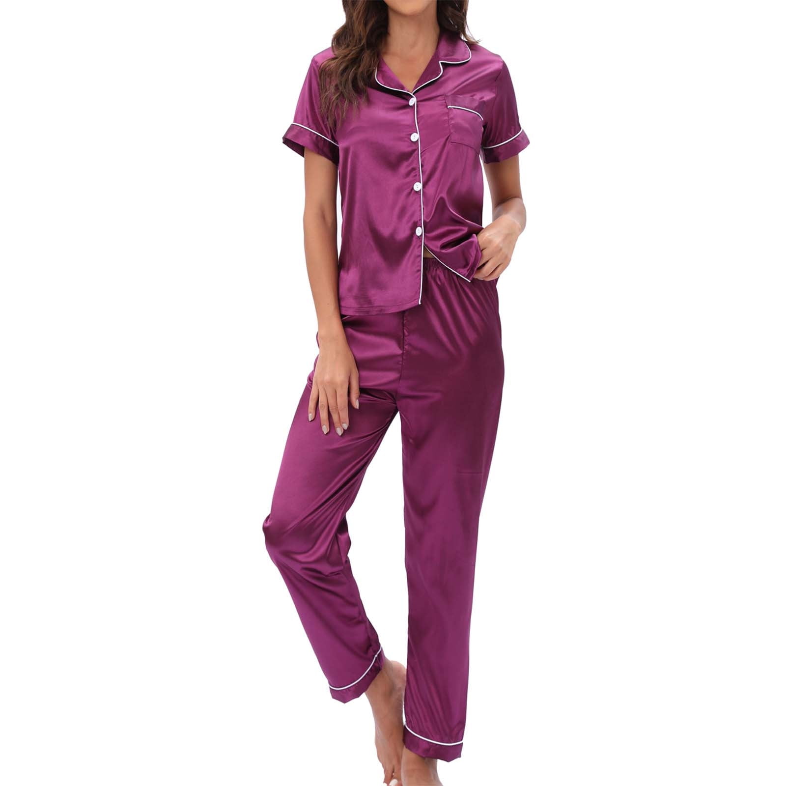 COLORFULLEAF Women's Pajama Set - Short Sleeve Button Down Top & Long Pants, Soft Cotton, Violet Lounge Wear