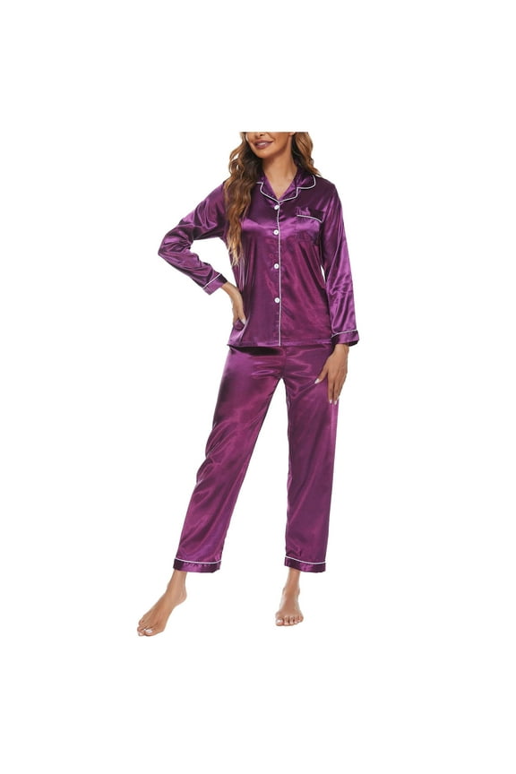 Plus Size Silk Satin Pajamas For Womens 2-Piece Sleepwear Suit Long Sleeve Pants Loungewear Button-Down Pajamas Sets Homewear
