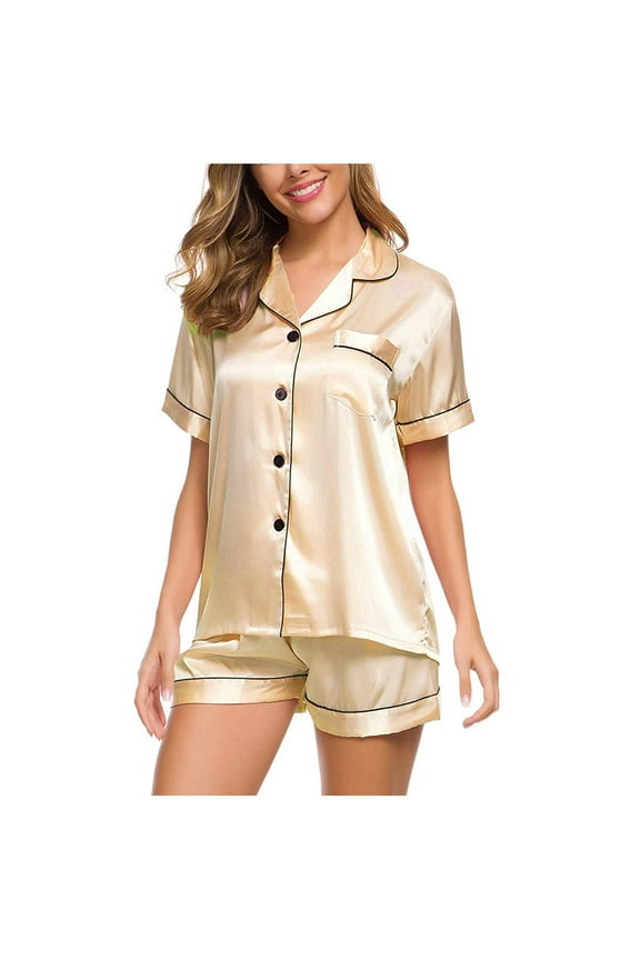gakvov Plus Size Silk Satin Pajamas For Womens 2-Piece Sleepwear Suit Short Sleeve Pants Loungewear Button-Down Pajamas Sets Homewear