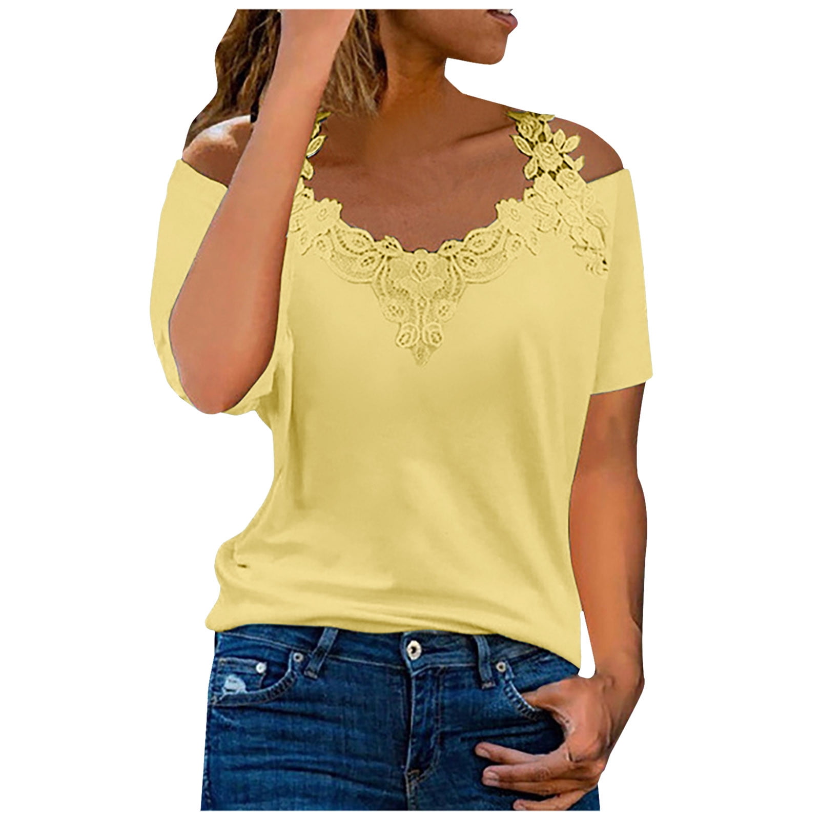 gakvov Plus Size Tops For Women Cold Shoulder Lace Patchwork Regular Fit Tops Sexy Shirts Lace Strap Short Sleeve Rock Concert Outfits For Women Walmart Business Supplies