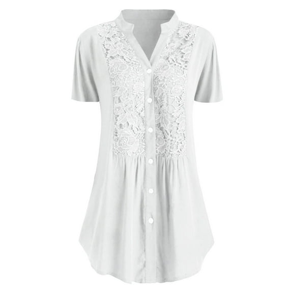 gakvbuo Plus Size Tunic Tops for Women Business Casual Shirts Button Lace V Neck Short Sleeve Shirt Blouses for Women