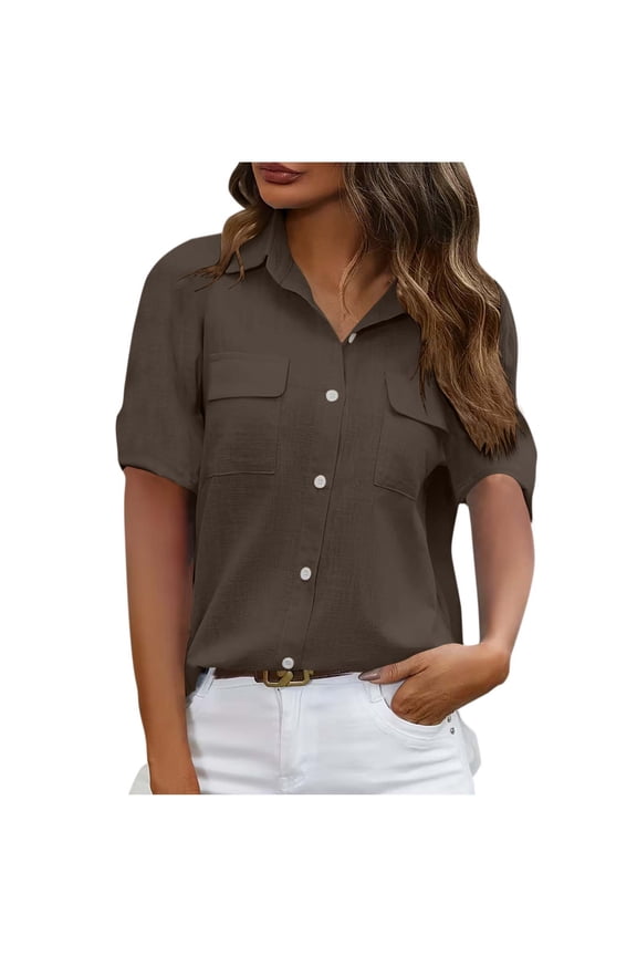 Summer Button-Up Shirts for women Button Down Tops Women'S Solid Color Pocket Blouses Short Sleeve Button-Up Turndown Collar Top