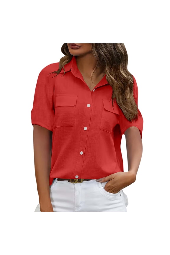Summer Button-Up Shirts for women Button Down Tops Women'S Solid Color Pocket Blouses Short Sleeve Button-Up Turndown Collar Top