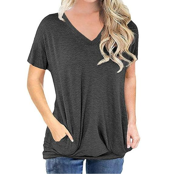 gakvbuo Plus Size Tunic Tops for Women Fall 2022 Women Short Sleeve V Neck Solid Color Top Pockets Casual Loose Soft Tunic Shirts