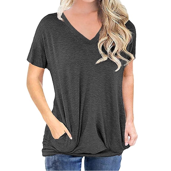 gakvbuo Plus Size Tunic Tops for Women Fall 2022 Women Short Sleeve V Neck Solid Color Top Pockets Casual Loose Soft Tunic Shirts