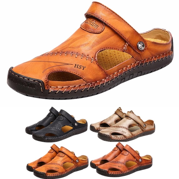gakvov Slides For MenSummer Men's Sandals Men's Trendy Leather Beach Shoes Shoes Sewing Shoes