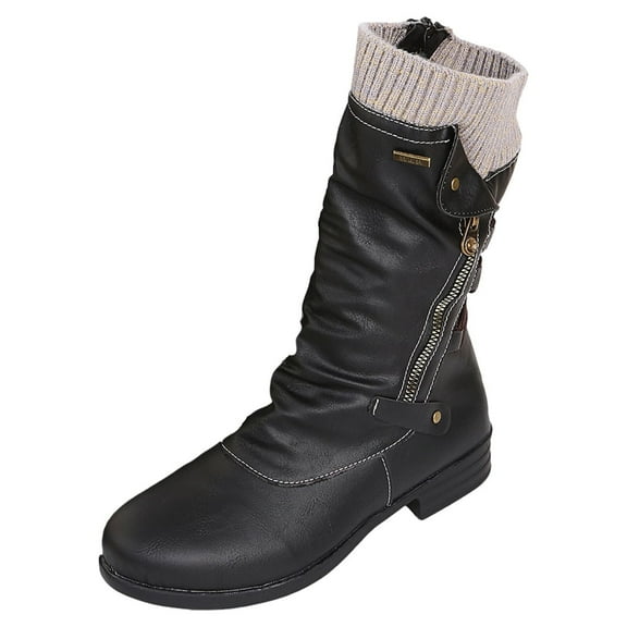 gakvbuo Snow Boots For Women Low Heel Mid-Calf Boots Women Boots Vintage Winter Zipper Mid-Calf Lace Up Slip On Ladies Shoes