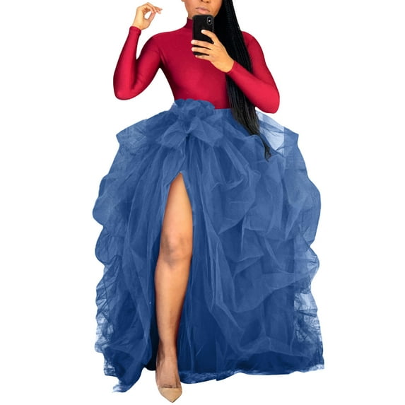 gakvov Wedding Guest Dresses For Women Tutus Dress Ruffle Mesh Lace Long Skirt Maxi Floor Length Layered High Waist Dress A-Line Puffy Party Skirt