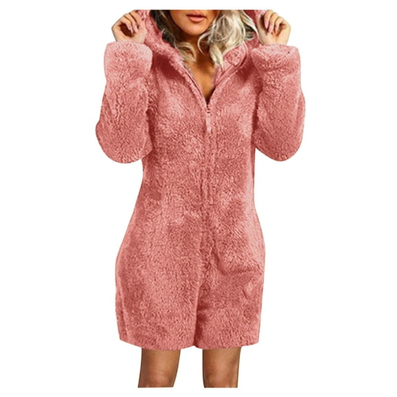 gakvov Women Long Sleeve Hooded Short Jumpsuit Pajamas Casual Winter Warm Rompe Sleepwear
