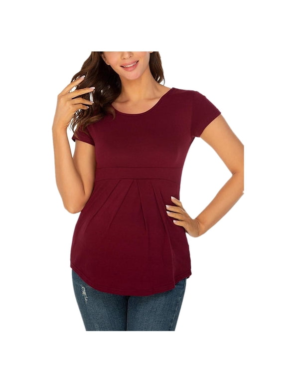 gakvov Women'S Maternity Tops Short&3/4 Sleeve Round Neck Front Pleat Peplum Tunic Top Pregnancy Shirts