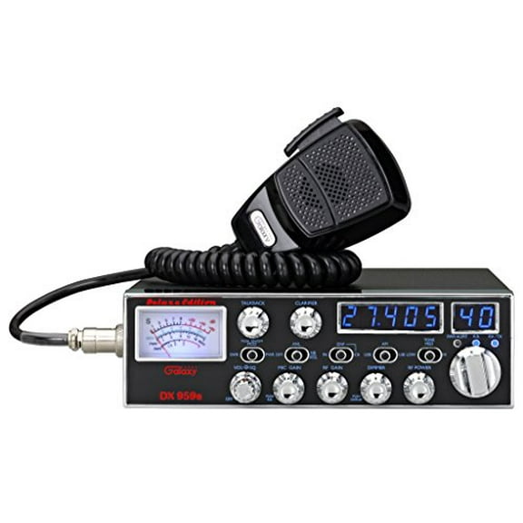 galaxy dx-959b mobile cb radio with blue frequency and channel digits and backlit starlite faceplate