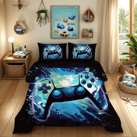 Gaming Comforter Set Twin Size for Boys Kids Teens Game Video Gamer Quilt Set Bedroom Decor Gamepad Bedding Set Blue 3 Pieces