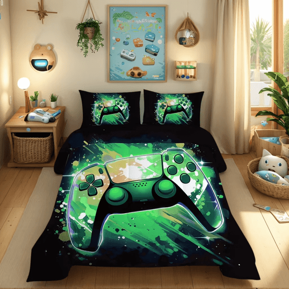 Gaming Comforter Set Queen Size for Boys Kids Teens Game Video Gamer Quilt Set Bedroom Decor Gamepad Bedding Set Green 5 Pieces Bed in a Bag