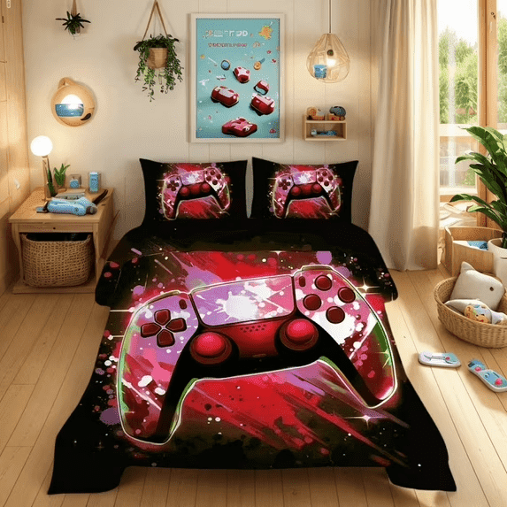 Gaming Comforter Set Queen Size for Boys Kids Teens Game Video Gamer Quilt Set Bedroom Decor Gamepad Bedding Set Red 3 Pieces