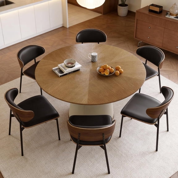 gaoyangjiaju 59" Mid-Century Modern Round Dining Table, Wood Veneer Parquet Tabletop, Leather-Wrapped Cylindrical Base, Seats 6-8, Kitchen & Dining Room Table