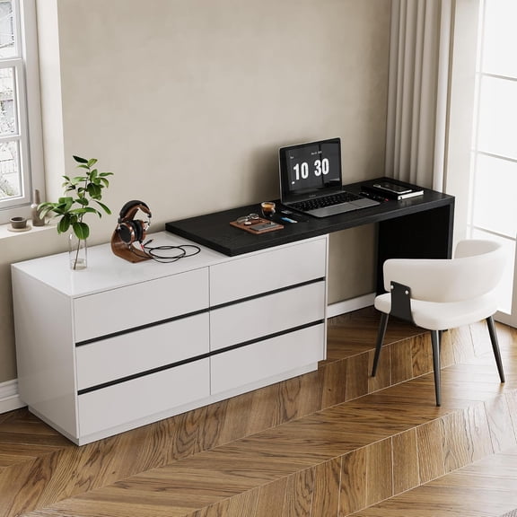 gaoyangjiaju 60.4-85 Multifunctional Extendable L-Shaped Desk, Convertible Computer Desk with 6 Drawers, Large Storage Office Desk for Home Office, Study or Bedroom, Black and White Design