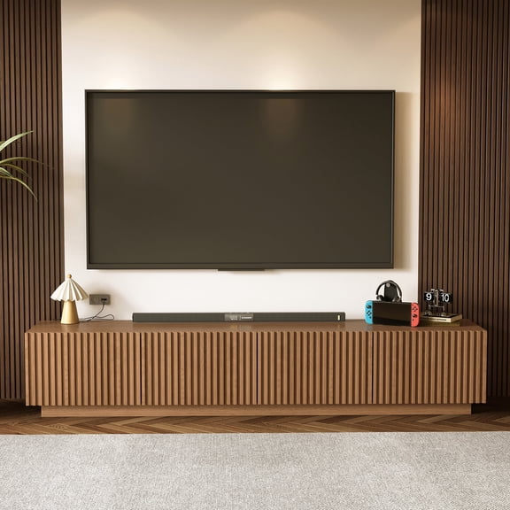 gaoyangjiaju 86.61" Wooden TV Cabinet with Open Shelving, Removable Divider and Cable Management (Pedestal 15.74" D x 86.61" W x 17.5" H)