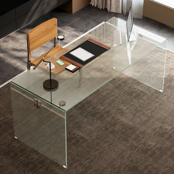 gaoyangjiaju Clear Tempered Glass Writing Desk – Minimalist Modern Computer Table with Metal Joints for Home Office or Study